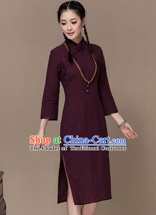 Traditional Chinese National Costume Elegant Hanfu Purple Linen Cheongsam, China Tang Suit Plated Buttons Chirpaur Dress for Women