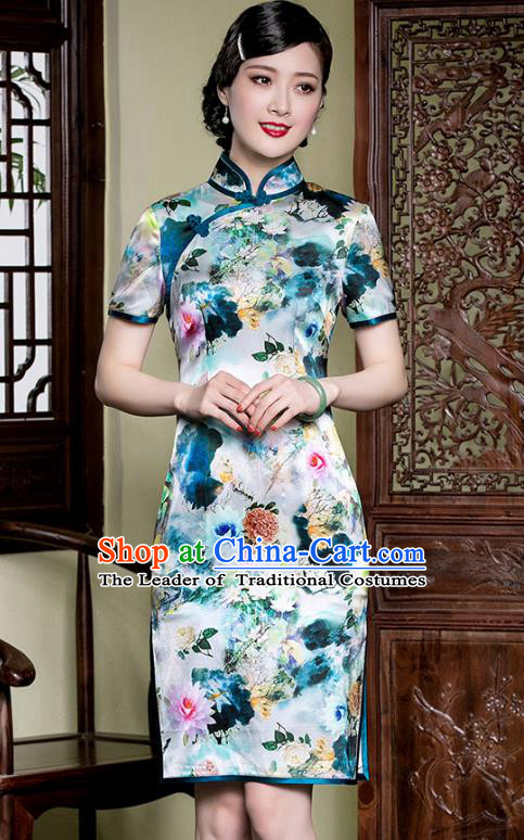 Traditional Chinese National Costume Elegant Hanfu Printing Lotus Silk Cheongsam, China Tang Suit Plated Buttons Qipao Chirpaur Dress for Women