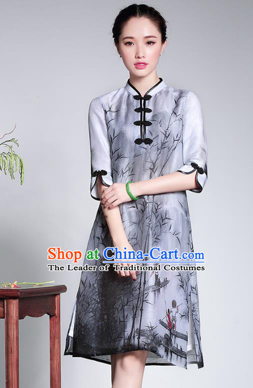 Traditional Chinese National Costume Elegant Hanfu Printing Bamboo Qipao Dress Cheongsam, China Tang Suit Plated Buttons Chirpaur for Women