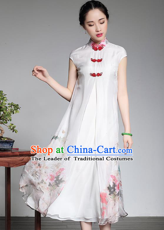 Traditional Chinese National Costume Elegant Hanfu Printing White Silk Qipao Dress, China Tang Suit Plated Buttons Cheongsam for Women