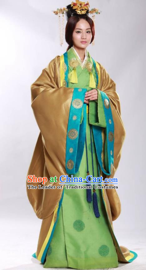 Asian China Han Dynasty Empress Costume and Headpiece Complete Set, Traditional Chinese Ancient Palace Queen Clothing for Women