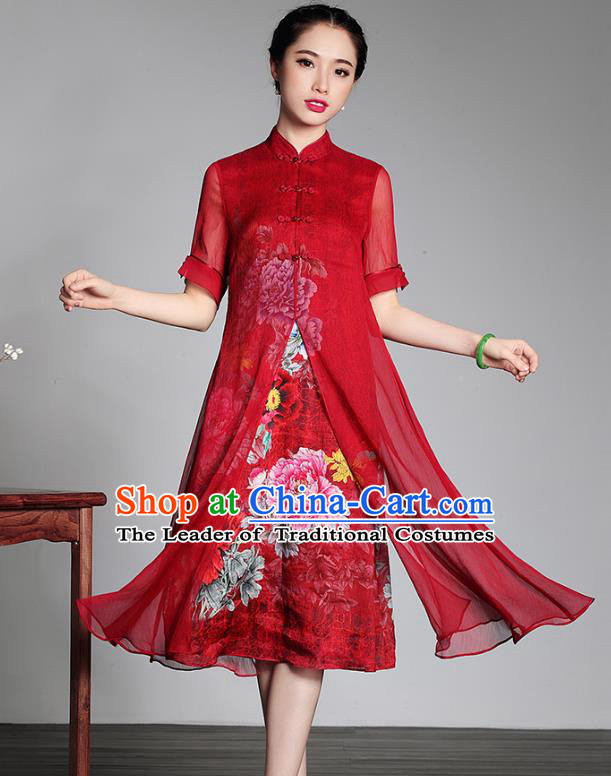Traditional Chinese National Costume Plated Buttons Red Silk Qipao Dress, Top Grade Tang Suit Stand Collar Cheongsam for Women