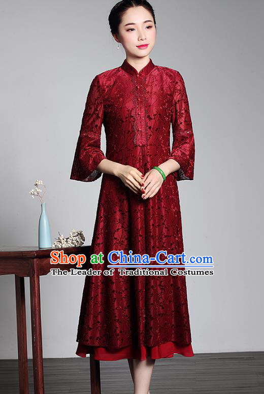 Traditional Chinese National Costume Plated Buttons Qipao Red Velvet Dress, Top Grade Tang Suit Stand Collar Cheongsam for Women