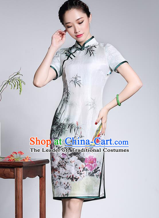 Traditional Ancient Chinese Young Lady Plated Buttons Cheongsam, Asian Republic of China Printing Qipao Tang Suit Dress for Women