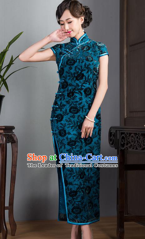 Traditional Ancient Chinese Young Lady Plated Buttons Blue Velvet Cheongsam, Asian Republic of China Qipao Tang Suit Dress for Women