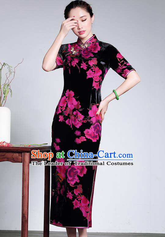 Traditional Ancient Chinese Young Lady Plated Buttons Velvet Cheongsam, Asian Republic of China Printing Qipao Tang Suit Dress for Women