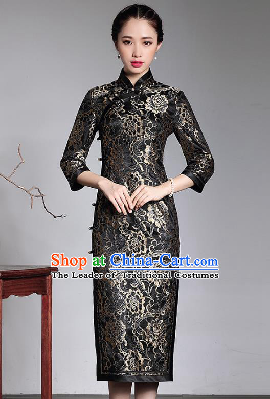 Traditional Ancient Chinese Young Lady Retro Printing Black Lace Cheongsam, Asian Republic of China Qipao Tang Suit  Dress for Women