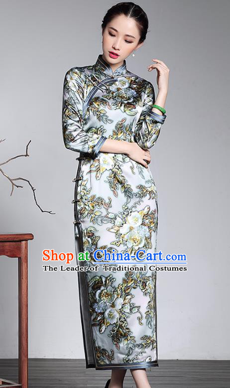 Traditional Ancient Chinese Young Lady Retro Printing Silk Long Cheongsam, Asian Republic of China Qipao Tang Suit Dress for Women