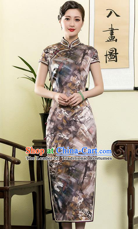 Traditional Ancient Chinese Young Lady Retro Printing Silk Cheongsam, Asian Republic of China Qipao Tang Suit Dress for Women