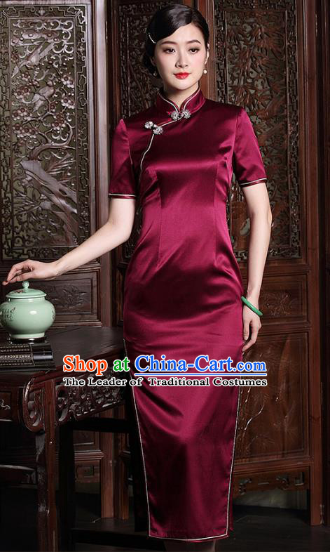 Traditional Ancient Chinese Young Lady Retro Wine Red Silk Cheongsam, Asian Republic of China Qipao Tang Suit Dress for Women