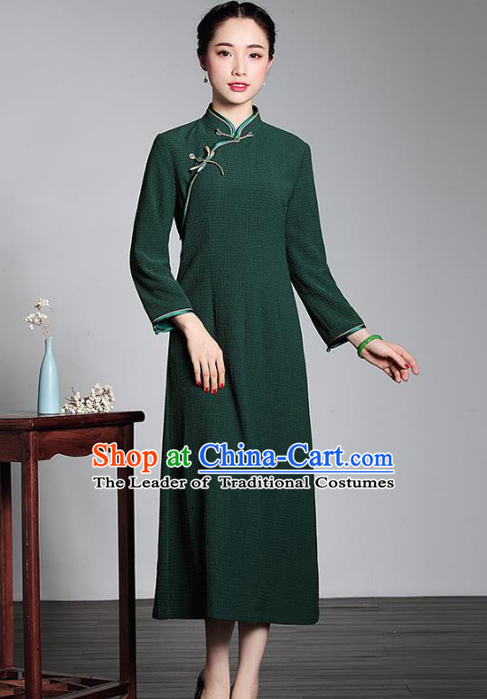 Traditional Ancient Chinese Young Lady Retro Stand Collar Green Cheongsam, Asian Republic of China Qipao Tang Suit Dress for Women