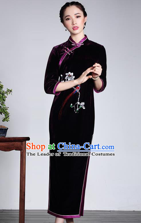 Asian Republic of China Top Grade Plated Buttons Purple Velvet Cheongsam, Traditional Chinese Tang Suit Qipao Dress for Women