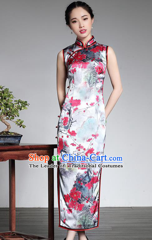 Top Grade Asian Republic of China Plated Buttons Silk Cheongsam, Traditional Chinese Tang Suit Printing Wintersweet Qipao Dress for Women