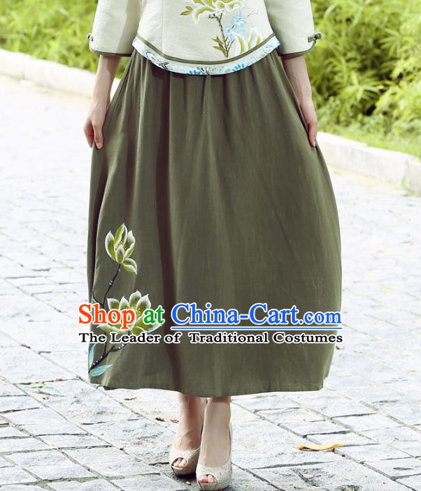 Asian China Hand Painting Linen Bust Skirt, Traditional Chinese Tang Suit Green Skirts for Women