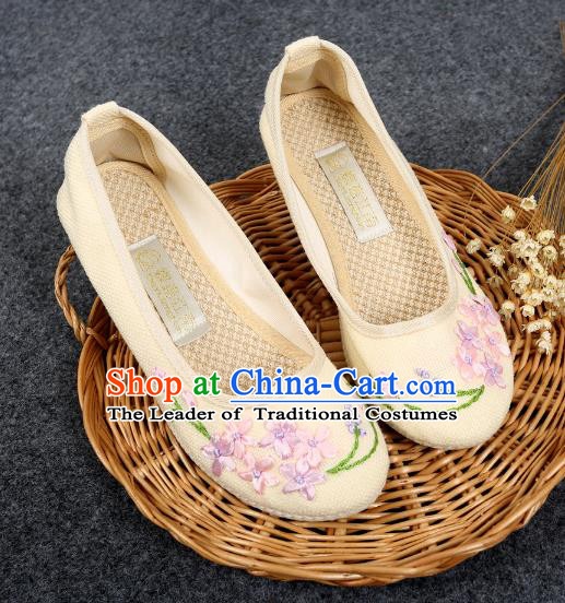 Traditional Chinese National Embroidered Shoes Beige Linen Shoes, China Handmade Hanfu Embroidery Flower Wedding Shoes for Women