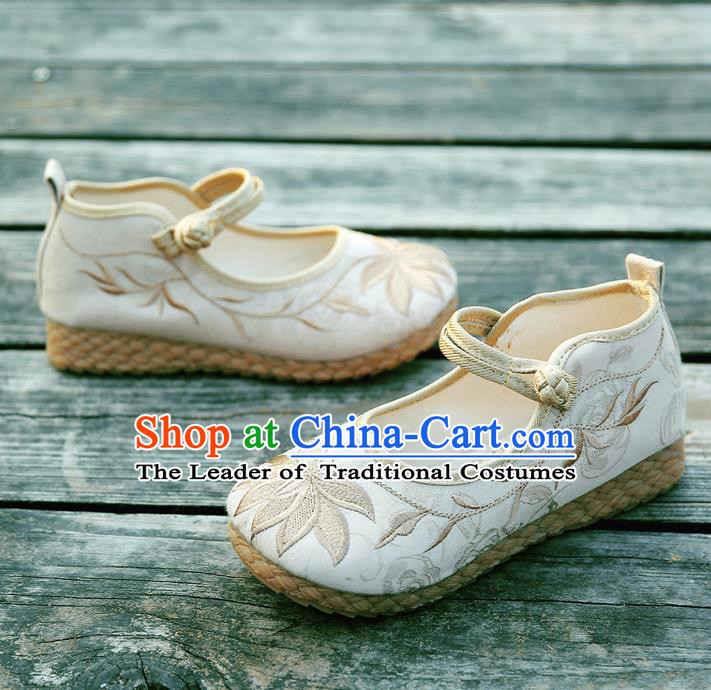 Traditional Chinese National Embroidered Shoes Beige Linen Shoes, China Handmade Hanfu Embroidery Lotus Flowers Shoes for Kids