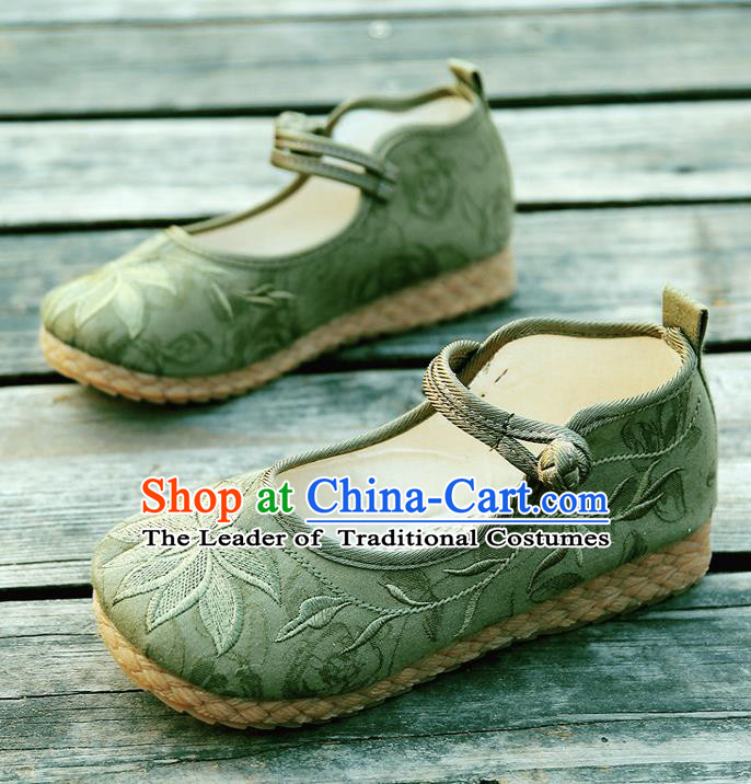 Traditional Chinese National Embroidered Shoes Green Linen Shoes, China Handmade Hanfu Embroidery Lotus Shoes for Kids