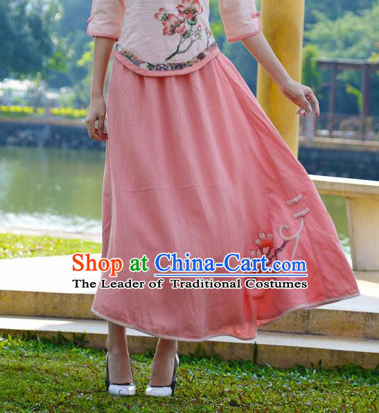Asian China Hand Painting Pink Linen Bust Skirt, Traditional Chinese Tang Suit Skirts for Women