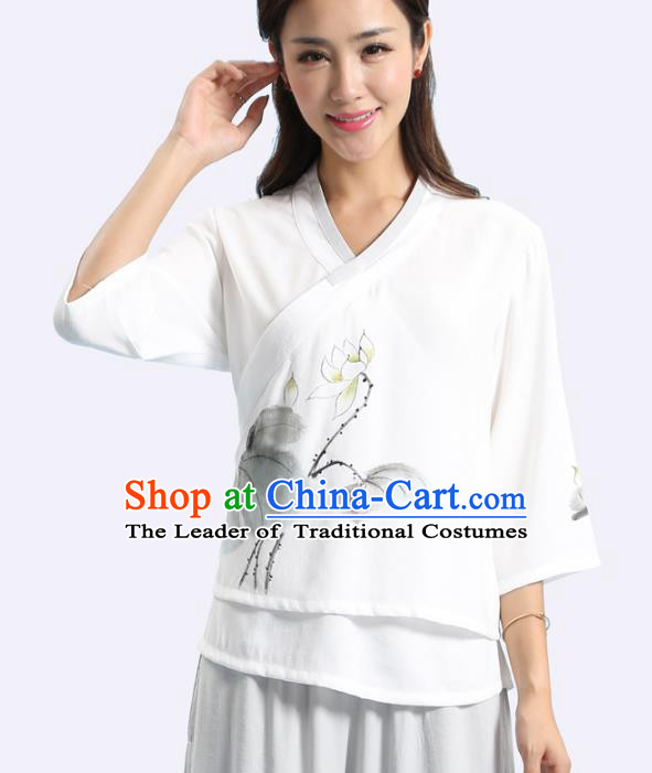 Asian China Hand Painting Printing Lotus Linen Cheongsam Blouse, Traditional Chinese Tang Suit Hanfu Shirts for Women