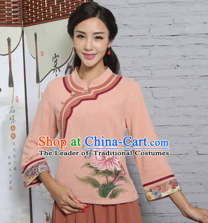 Asian China Hand Painting Printing Peony Linen Cheongsam Blouse, Traditional Chinese Tang Suit Hanfu Shirts for Women