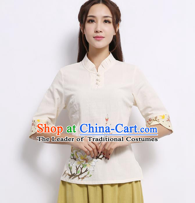 Asian China Hand Painting Printing White Linen Cheongsam Blouse, Traditional Chinese Tang Suit Hanfu Shirts for Women