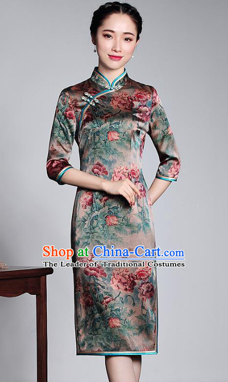 Top Grade Asian Republic of China Plated Buttons Cheongsam, Traditional Chinese Tang Suit Printing Silk Qipao Dress for Women