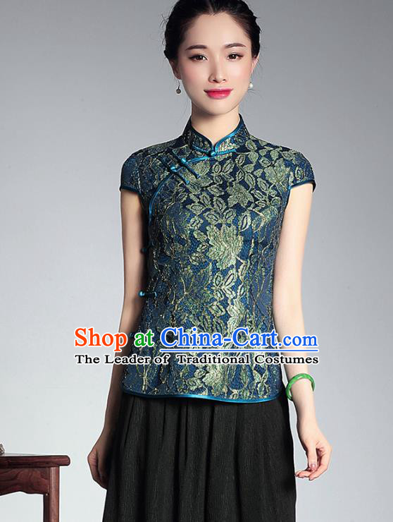 Asian Republic of China Young Lady Retro Stand Collar Green Lace Cheongsam Blouse, Traditional Chinese Qipao Shirts Tang Suit Upper Outer Garment for Women