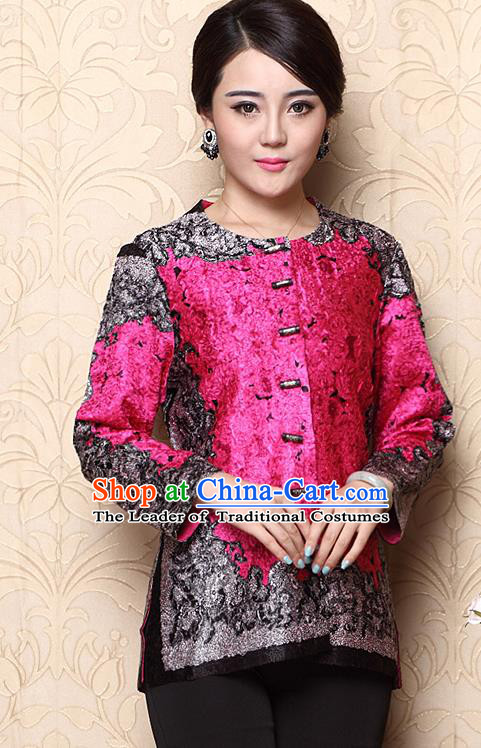Asian Republic of China Young Lady Retro Plated Buttons Printing Rosy Jacket, Traditional Chinese Tang Suit Upper Outer Garment Coats for Women