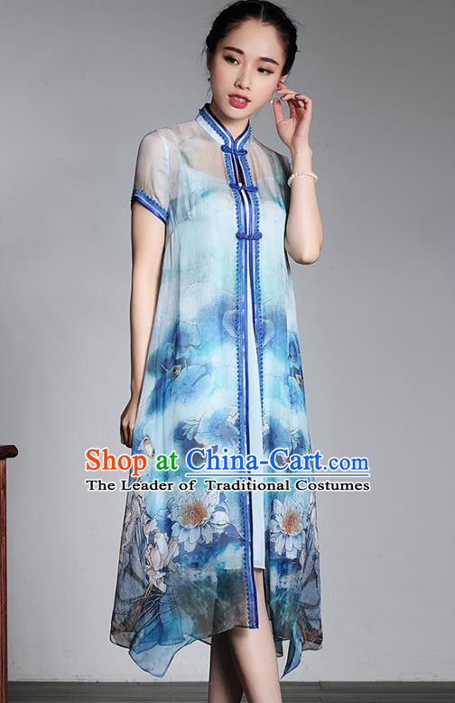 Asian Republic of China Top Grade Plated Buttons Printing Blue Cheongsam Dust Coat, Traditional Chinese Tang Suit Qipao Coats for Women
