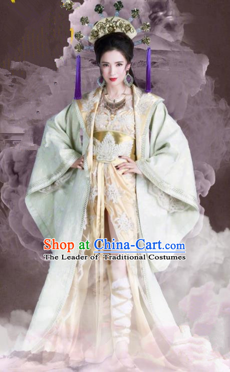 Asian China Tang Dynasty Palace Lady Costume, Traditional Chinese Ancient Imperial Concubine Embroidered Hanfu Clothing and Headpiece Complete Set