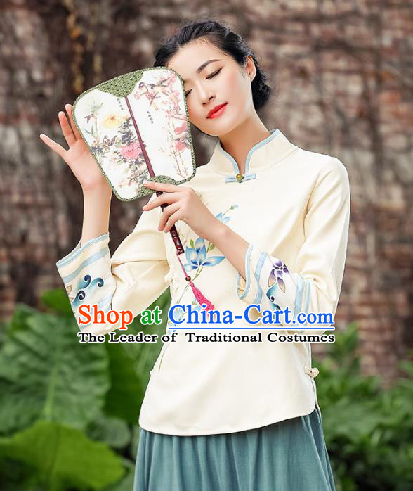 Asian China Embroidered Linen Cheongsam Blouse, Traditional Chinese Tang Suit Hanfu Shirts for Women