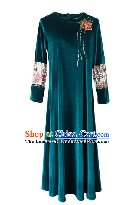 Asian China Top Grade Green Velvet Cheongsam Dress, Traditional Chinese Tang Suit Hanfu Plated Button Embroidered Qipao for Women
