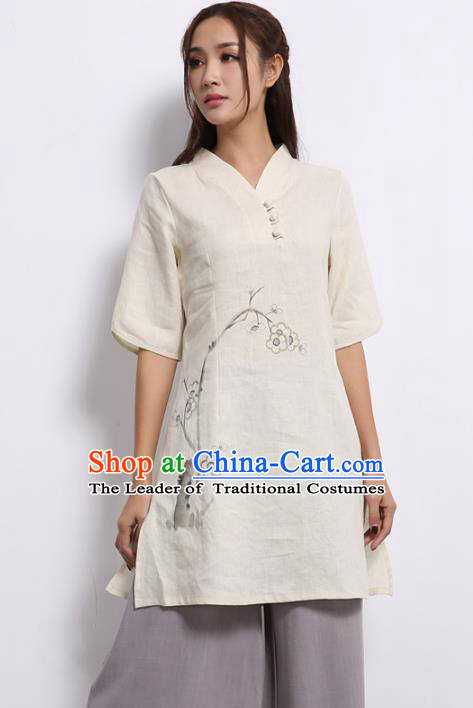 Asian China Top Grade White Linen Printing Cheongsam Blouse, Traditional Chinese Tang Suit Hanfu Plated Button Qipao Shirts for Women