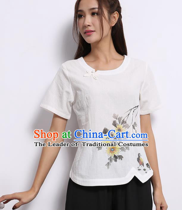 Asian China Top Grade White Linen Printing Cheongsam Blouse, Traditional Chinese Tang Suit Hanfu Plated Button Qipao Shirts for Women