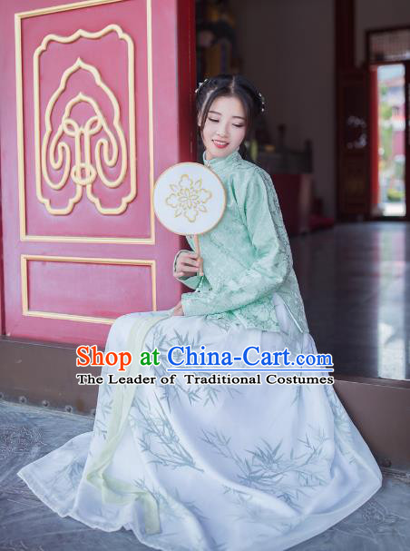 Asian China Ming Dynasty Young Lady Costume Green Blouse, Traditional Chinese Ancient Princess Embroidered Hanfu Clothing for Women
