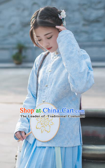 Asian China Ming Dynasty Young Lady Costume Blue Blouse, Traditional Chinese Ancient Princess Embroidered Hanfu Clothing for Women
