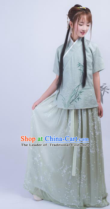 Asian China Ming Dynasty Palace Lady Costume Complete Set, Traditional Chinese Ancient Princess Embroidered Hanfu Blouse and Slip Dress for Women