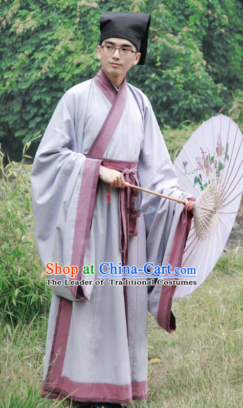 Asian China Han Dynasty Scholar Costume Grey Long Robe, Traditional Chinese Ancient Chancellor Hanfu Clothing for Men
