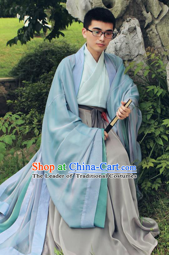 Asian China Han Dynasty Scholar Costume Cloak Long Robe Complete Set, Traditional Chinese Ancient Chancellor Hanfu Clothing for Men