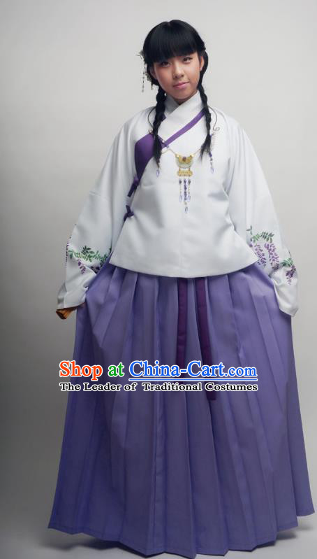 Asian China Ming Dynasty Costume Printing Wisteria Blouse and Skirt, Traditional Chinese Ancient Princess Hanfu Clothing for Women