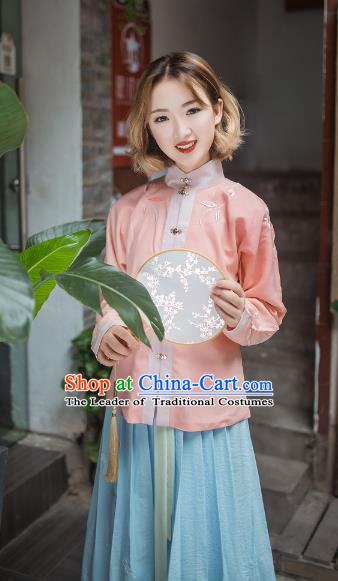 Asian China Ming Dynasty Young Lady Costume Embroidery Pink Blouse, Traditional Chinese Ancient Princess Hanfu Clothing for Women