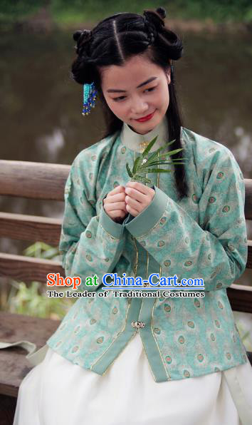 Asian China Ming Dynasty Young Lady Costume Embroidery Green Blouse, Traditional Chinese Ancient Princess Hanfu Clothing for Women