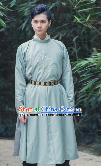 Asian China Tang Dynasty Swordsman Costume, Traditional Chinese Ancient Embroidered Hanfu Robe Clothing for Men