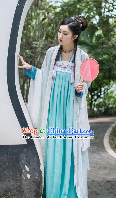 Asian China Tang Dynasty Palace Lady Costume Princess Embroidery Wide Sleeve Blouse and Skirt Complete Set