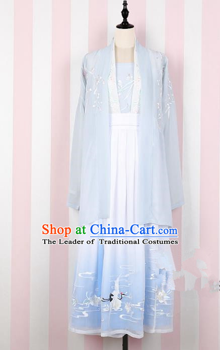 Asian China Song Dynasty Princess Embroidered Costume Complete Set, Traditional Ancient Chinese Palace Lady Embroidery Blue Skirt for Women