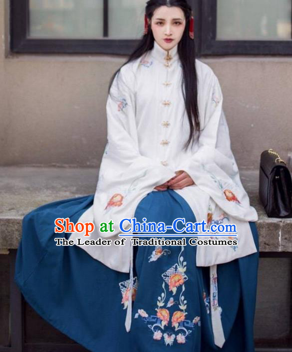 Asian China Ming Dynasty Princess Costume Embroidered Blouse and Blue Skirt, Traditional Ancient Chinese Palace Lady Embroidery Clothing for Women