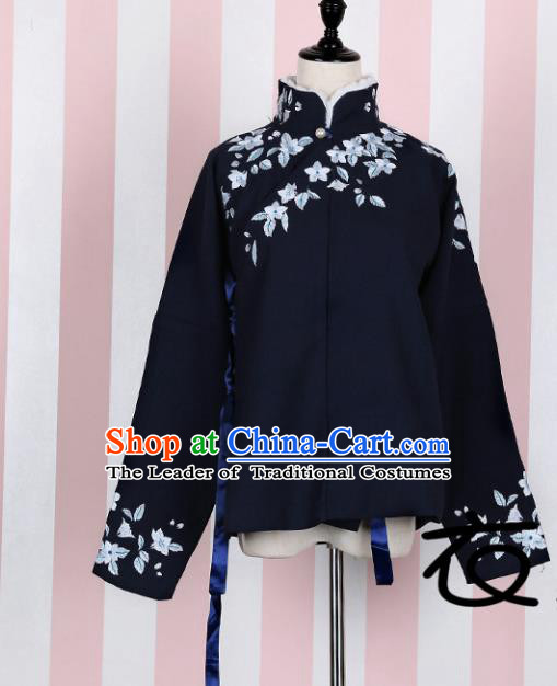 Asian China Ming Dynasty Princess Costume Embroidered Navy Blouse, Traditional Ancient Chinese Palace Lady Embroidery Shirt Clothing for Women