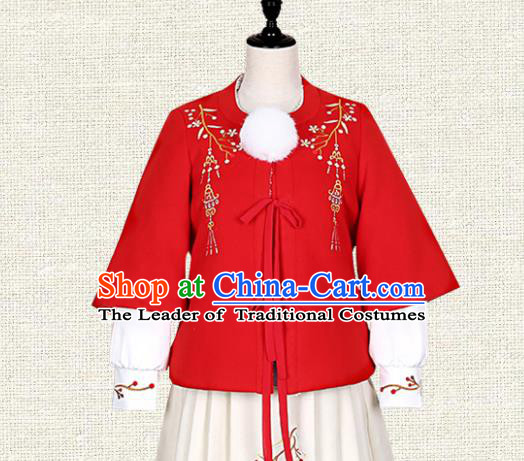 Asian China Ming Dynasty Young Lady Costume Red Embroidered Blouse, Traditional Ancient Chinese Princess Embroidery Hanfu Clothing for Women