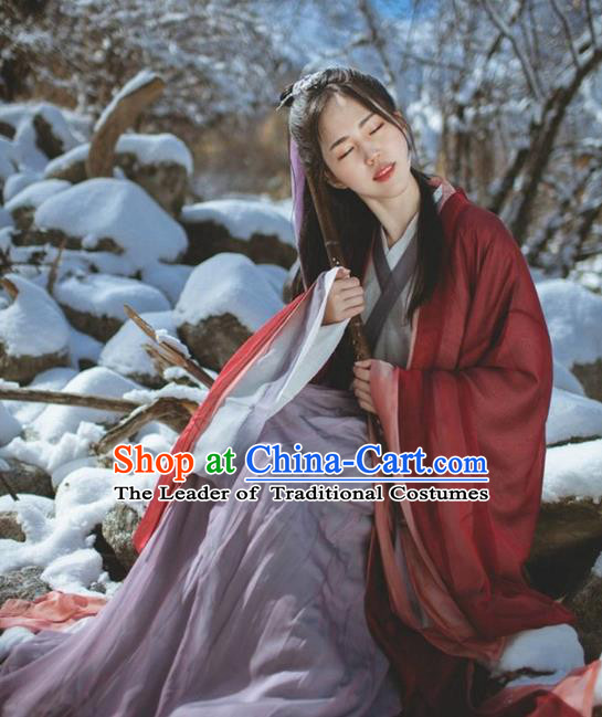 Asian China Jin Dynasty Young Lady Costume Red Cardigan Complete Set, Traditional Ancient Chinese Princess Elegant Hanfu Clothing for Women