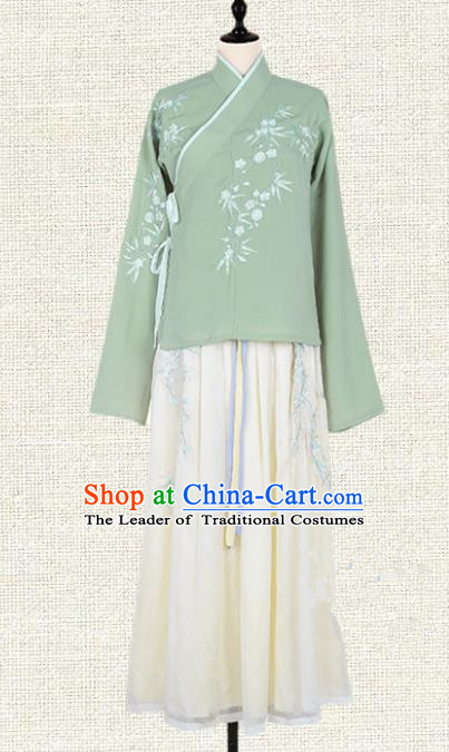 Asian China Ming Dynasty Young Lady Costume Embroidered Green Blouse and Skirt Complete Set, Traditional Ancient Chinese Princess Elegant Hanfu Clothing for Women